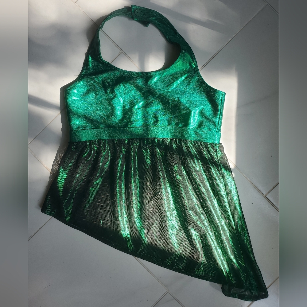 Shimmering Green Halter Top Sports Bra Glitter Mesh Curtain CC Dancewear Cheer